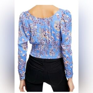 Free People Santiago Blouse SMALL Blue Floral Puff Sleeve Ruched Smocked Boho
